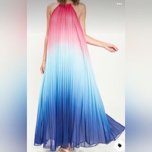 L’Atiste By Amy  Halter Top Fulled Pleated Ombré Blue Red Maxi Dress Sz L